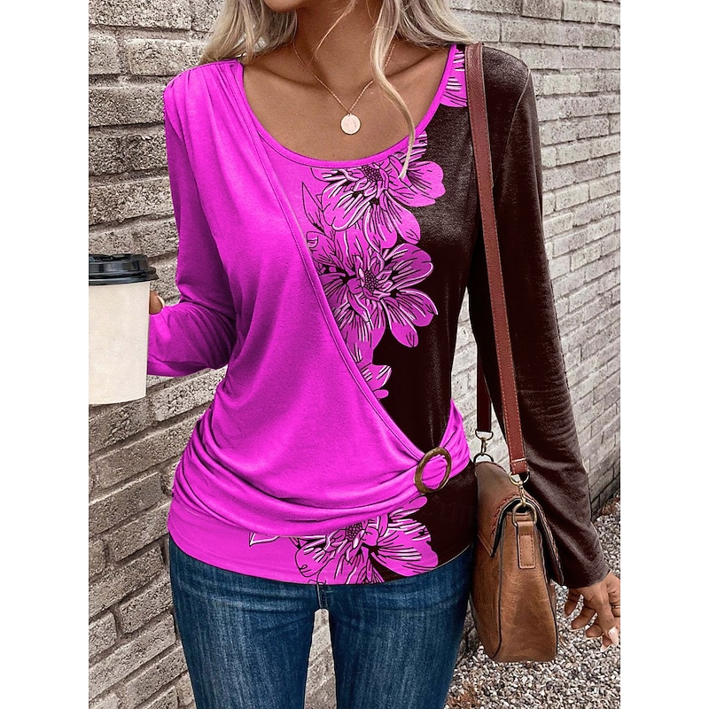 Women's T Shirt Floral Graphic Stylish Casual Long Sleeve Crew Neck Regular Tops Daily Patchwork Print Pink Blue Orange Green Summer Fall Winter4