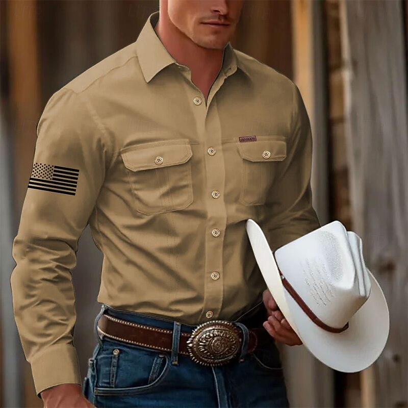 Men's American US Flag Work Shirt Western Shirt Cargo Shirt Long Sleeve Tactical Vintage Retro Sports Outdoor WorkWear Spring Fall Turndown Front Two Pockets Button Up Shirts Black White Army Green4