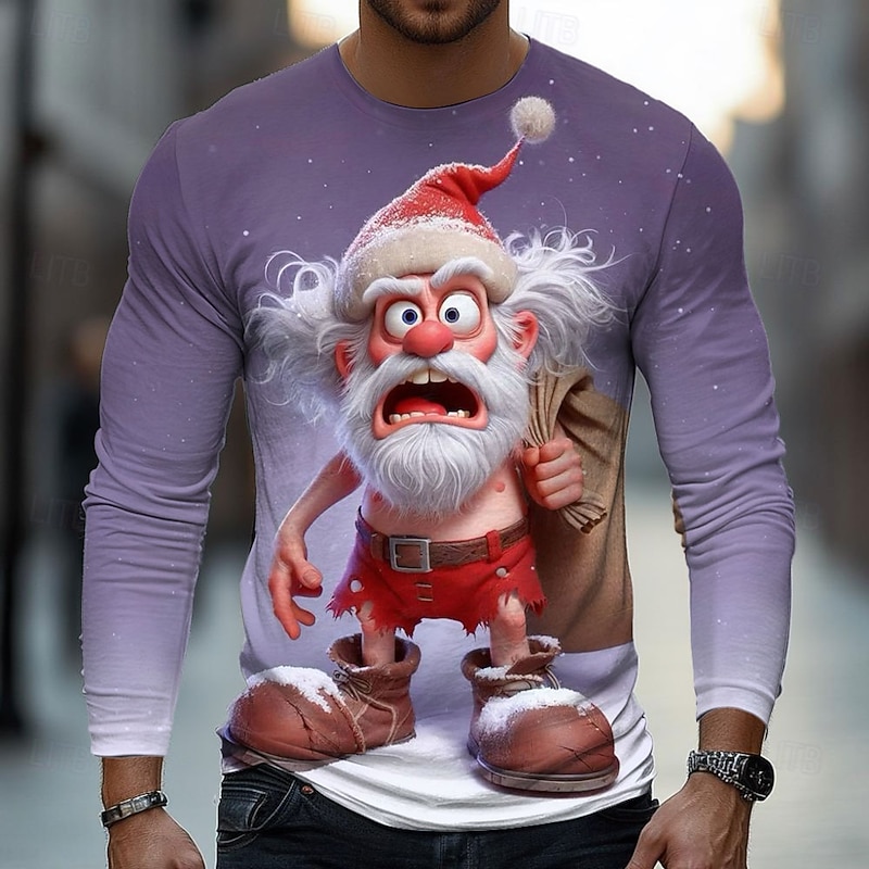 Christmas Men's 3D Old Man T Shirt Long Sleeve T shirt 3D Print Crew Neck Shirt Fashion Basic Street Casual Daily Light Blue Dark Grey#1 Purple Summer Spring Clothing Apparel S M L XL XXL XXXL4