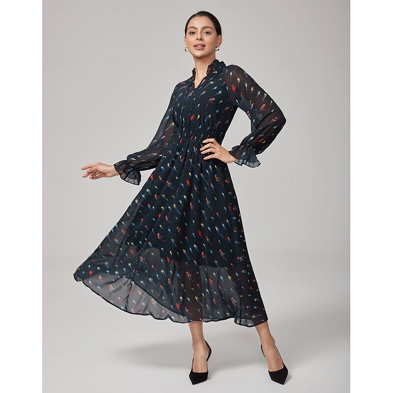 Parrot Print Ruffle Collar Black Chiffon Dress3