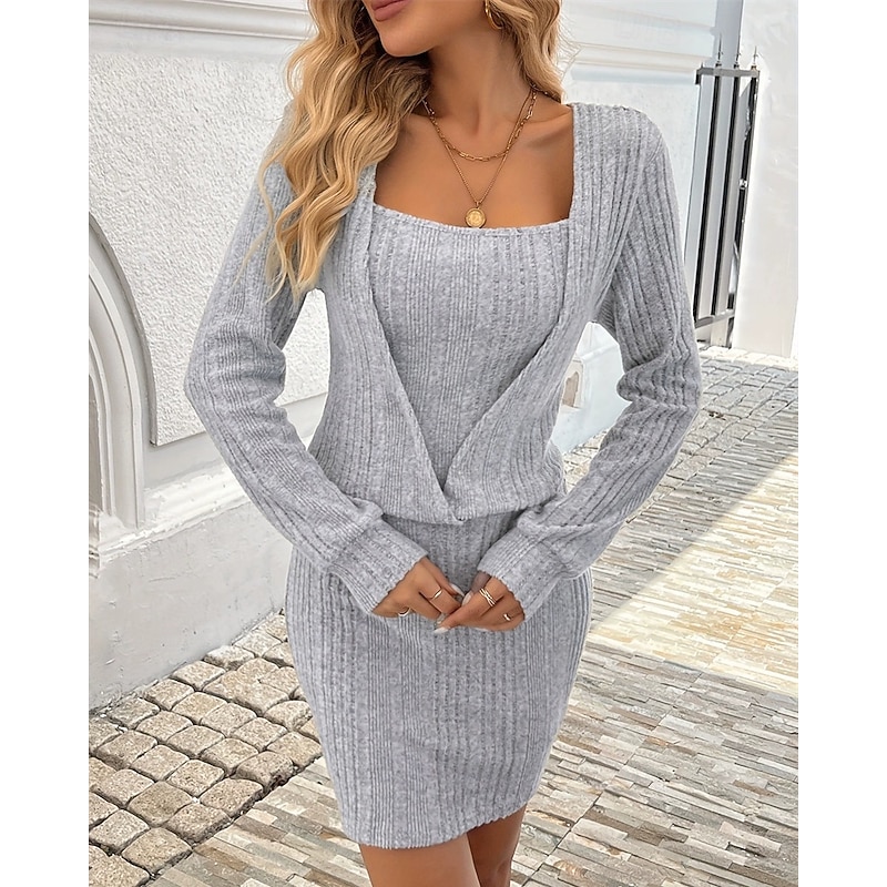Women's Mini Dress Knit Dress Casual Dress Sheath Dress Fashion Outdoor Party Holiday Regular Fit Plain Long Sleeve Crew Neck Light Grey Fall4