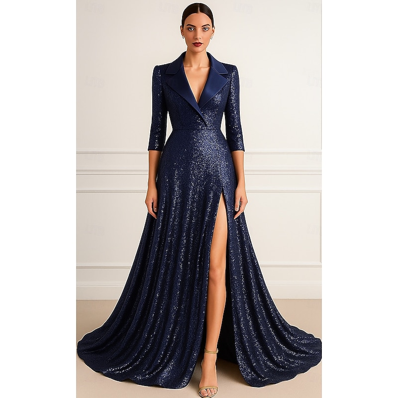 Tuxedo Dress A-Line Formal Wedding Wedding Guest Sequin Glitter Elegant 3/4 Sleeve Pleated Floor Length Notched Lapels