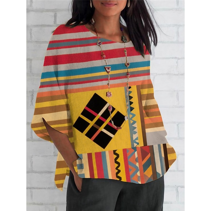 Women's Shirt Geometric Striped Retro Vintage Ethnic 3/4 Length Sleeve Crew Neck Regular Tops Daily Holiday Print Yellow Blue Purple Fuchsia Summer Spring Fall