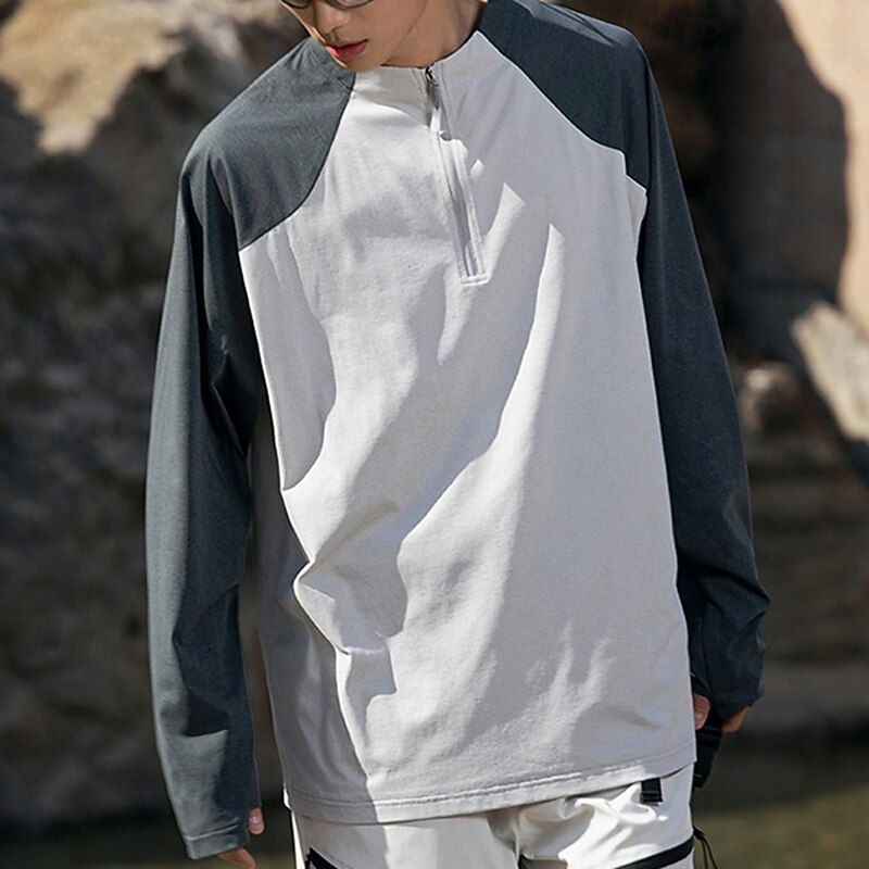 Men's Hiking Shirt Hiking top Long Sleeve Stand Collar Top Outdoor Quick Dry Sweat wicking Polyester Patchwork Dark Grey Light Grey Purple Tennis Golf Running2