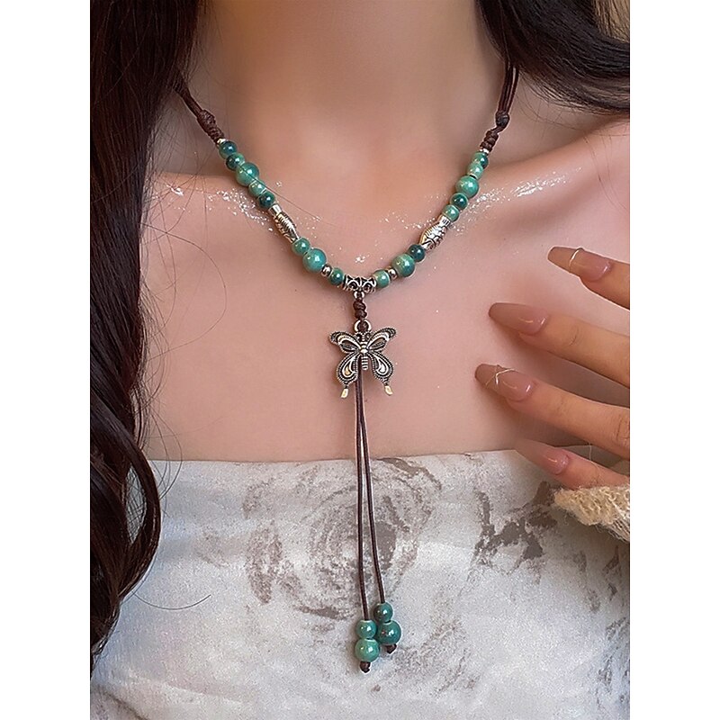 Women's Adjustable Ceramic Bead Butterfly Pendant Necklace – Bohemian Long Rope Jewelry for Casual Wear, Gifts and Festivals2