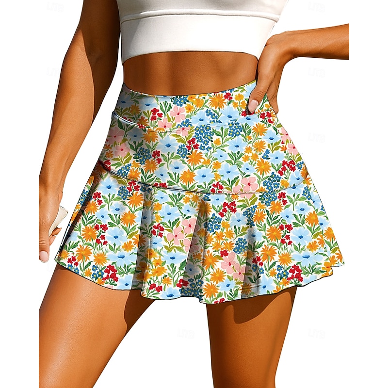 Women's Plants Floral Floral Botanical Tennis Skirts Patchwork Pocket 2 in 1 UPF50+ UV Resistant Multi layer Volleyball Tennis Badminton Shorts Skirt Blue+Yellow Tennis Clothing3