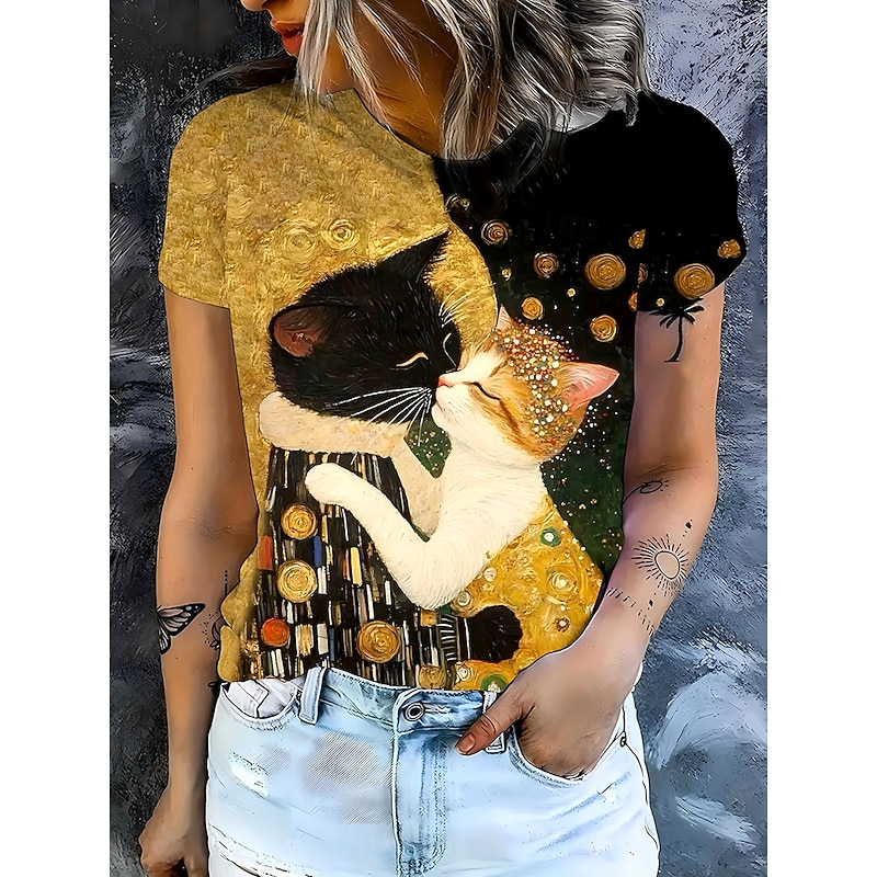 Women's T Shirt Graphic Animal Cat Vintage Stylish Classic Short Sleeve Crew Neck Round Neck Regular Tops Daily Weekend Print Gold Summer Spring Fall
