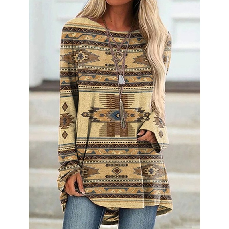 Women's T Shirt Graphic Tribal Vintage Stylish Casual Long Sleeve Crew Neck Long Tops Daily Print Blue Sky Blue Orange Brown Khaki Spring Fall3