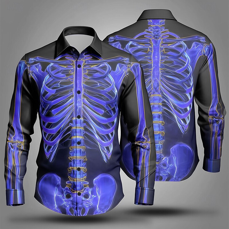 Halloween Men's Skeleton Halloween Costumes Shirt Button Up Shirt Long Sleeve Dark Punk Gothic Style Outdoor Holiday Summer Spring Turndown 3D Print Collared Shirts Black / Purple Purple2