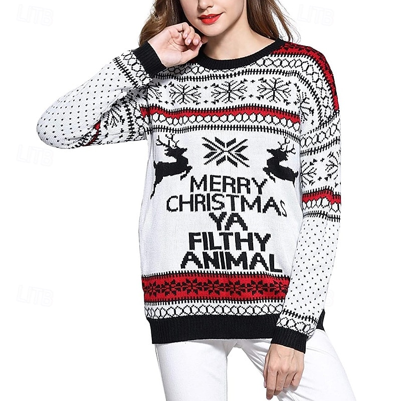 Women's Christmas Sweater Fair Isle Sweater Pullover Casual Snowflakes Ribbed Crew Neck Knitted Print Long Sleeve Regular Tops Knit Christmas Daily Holiday Black White Winter2