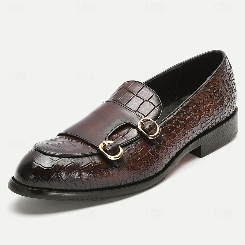 Men's Brown Crocodile Pattern Double Monk Strap Loafers – Slip-On Leather Dress Shoes for Business, Parties and Semi-Formal Occasions2