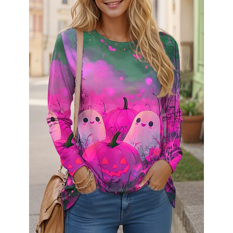 Halloween Women's T shirt Pumpkin Long Sleeve Graphic Ghost Vintage Fashion Casual Long Sleeve Crew Neck Regular Tops Daily Print Yellow Purple Orange Fall Winter Prefall3