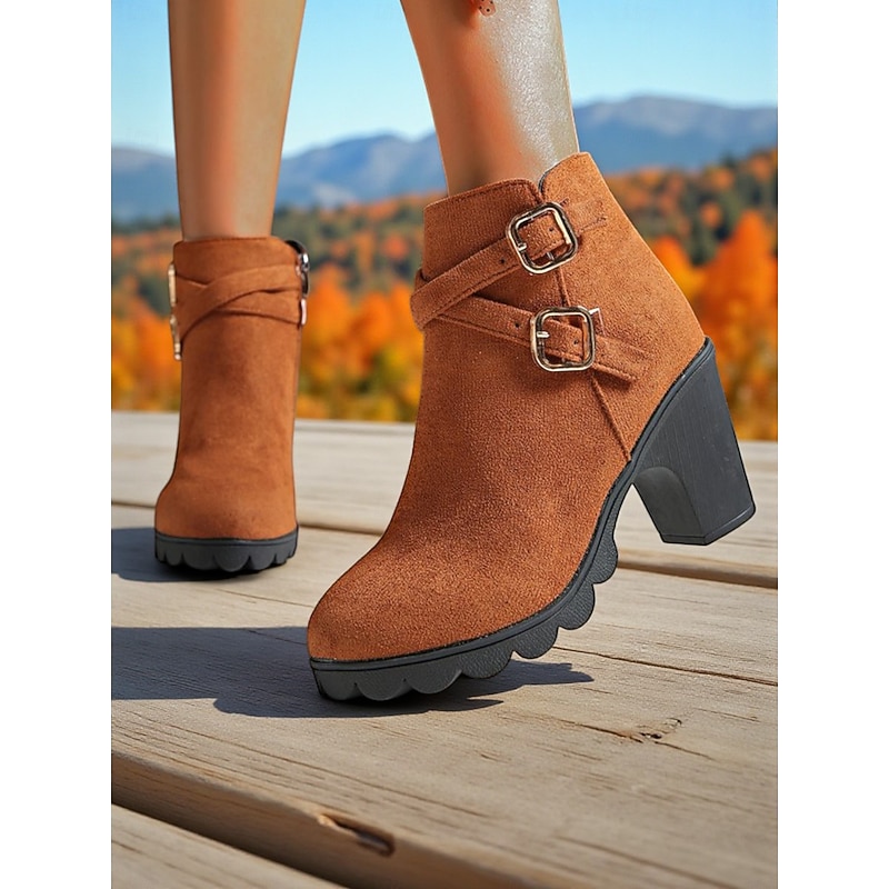 Women's Suede Ankle Boots with Double Buckle Straps and Block Heels, Casual Footwear for Everyday Outfits2