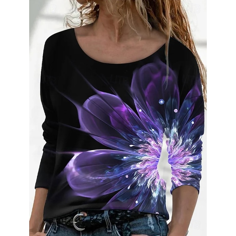 Women's Plus Size T Shirt Floral Color Gradient Oil painting flowers Fashion Long Sleeve Crew Neck Regular Tops Daily Going out Weekend Print Black Pink Purple Green Gray Spring Fall