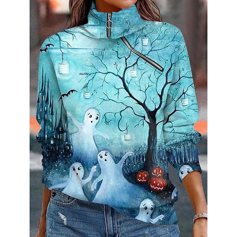 Halloween Women's Sweatshirts Casual Long Sleeve High Neck Regular Tops Dailywear Casual Yellow Blue Orange Dark Blue Beige Fall Winter2
