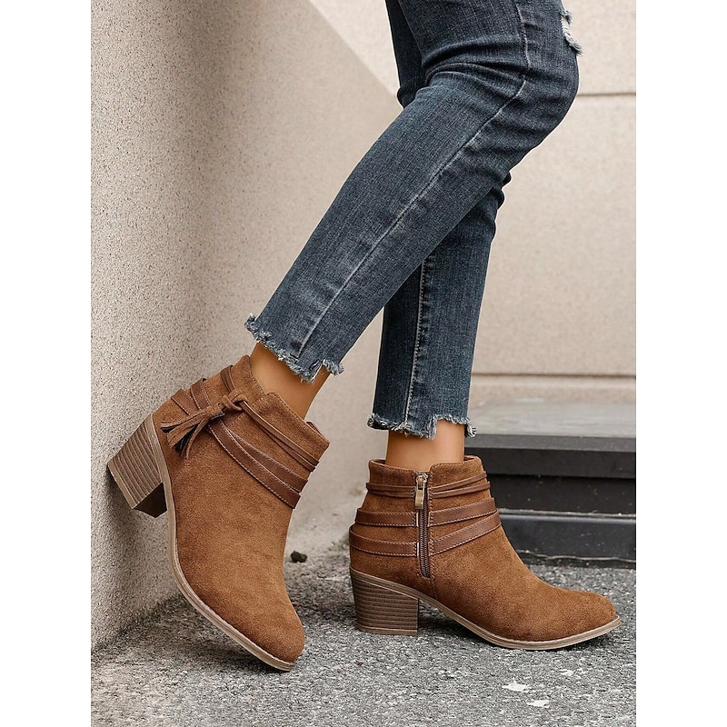 Women's Brown Ankle Boots with Tassel Straps – Casual Western Style Faux Suede Low Heel Booties for Fall, Streetwear and Daily Outfits4