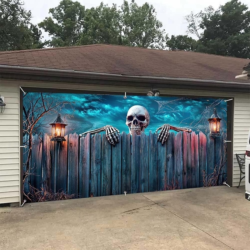 Halloween Garage Door Cover Large Hanging Backdrop Skeleton Bloodstains 3D Dark Punk Gothic Style Party Outdoor Shooting Backgrounds Front Door Home Decor3