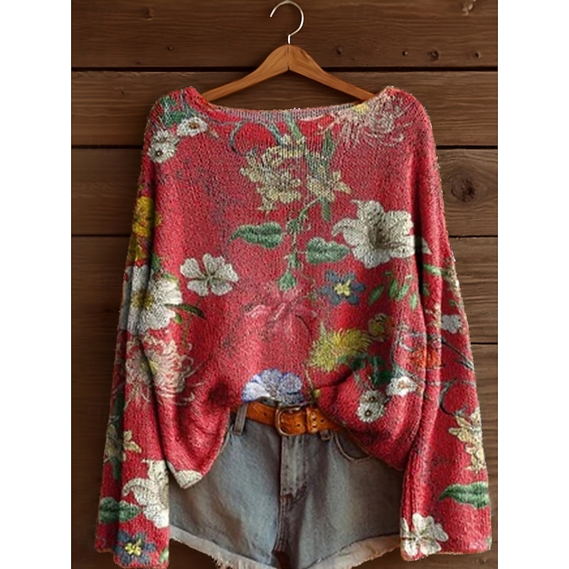 Women's Sweater Casual Soft Floral Graphic Ribbed Boat Neck Knitted Print Long Sleeve Regular Tops Knit Outdoor Daily Weekend Pink Red Spring Fall4