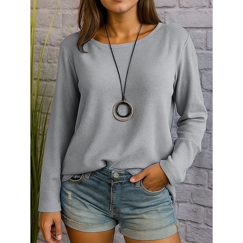 Women's T Shirt Plain Casual Long Sleeve Crew Neck Regular Tops Daily Grass Green Black Royal Blue Blue Gray Spring Fall