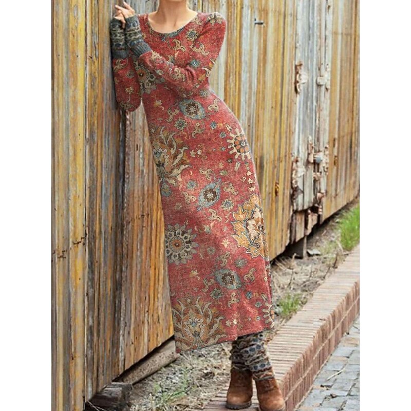 Women's Midi Dress Sheath Dress T Shirt Dress Tee Dress Casual Boho Daily Holiday Regular Fit Graphic Geometric Long Sleeve Crew Neck Red Burgundy Green Rainbow Fall Winter