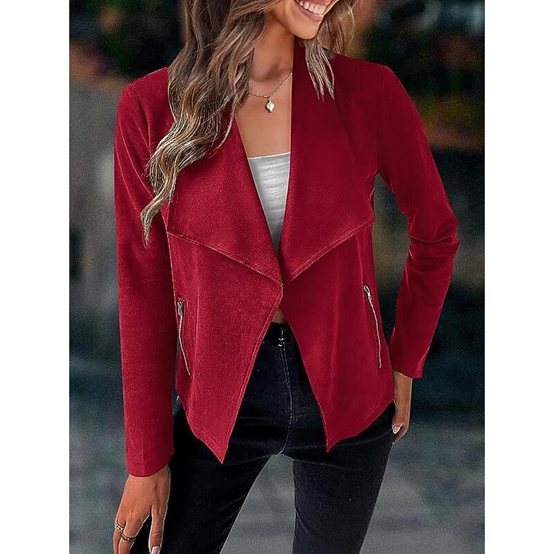 Women's Casual Jacket Comfortable Breathable Pocket Fashion Casual Plain Vacation Street Casual Daily Wear Open Front Short Turndown Regular Fit Long Sleeve Outerwear Navy Black Red Spring Fall2