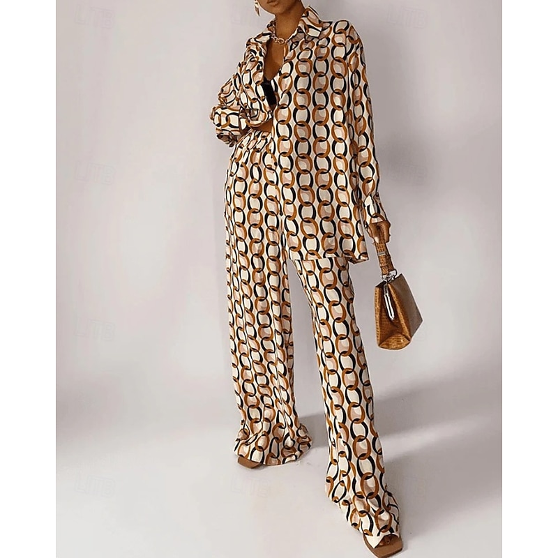 Women's Active Fashion Shirt Blouse Pants Sets Long Sleeve Shirt Collar Floral Print Vacation Going out Brown Fall Regular Fit