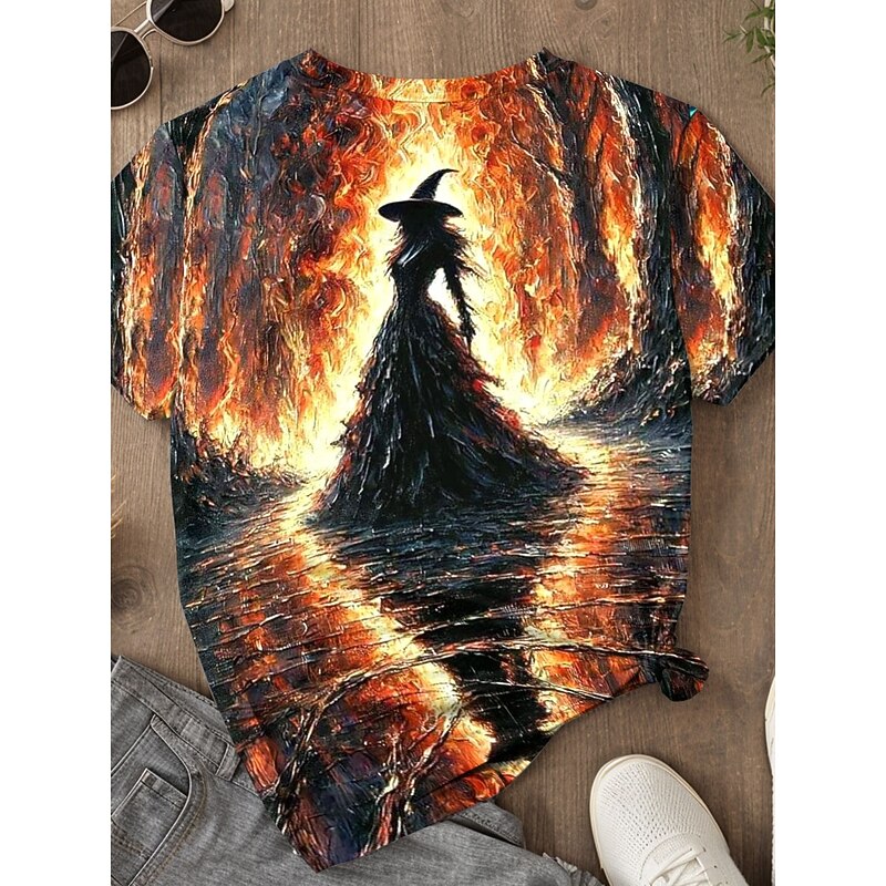 Halloween Women's T shirt Witch Graphic Vintage Stylish Classic Short Sleeve Round Neck Regular Tops Daily Print Blue Purple Orange Green Summer Spring Fall2