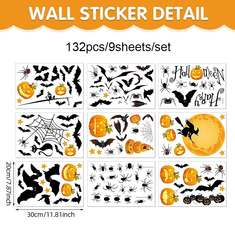 9 Sheet Halloween Window Clings, Static Stickers with Bats, Pumpkins, Black Cats, Witches, Removable Glass Decals for Bathroom, Home, Office, Party Window Decorations4