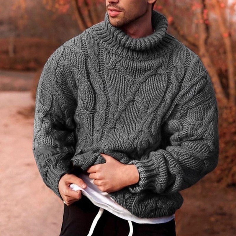Men's Sweater Pullover Sweater Jumper Cable Knit Regular Tops Knitted Slim Fit Plain Turtleneck Knitwear Contemporary Casual Daily Wear Clothing Apparel Fall Winter Black Pink M L XL2
