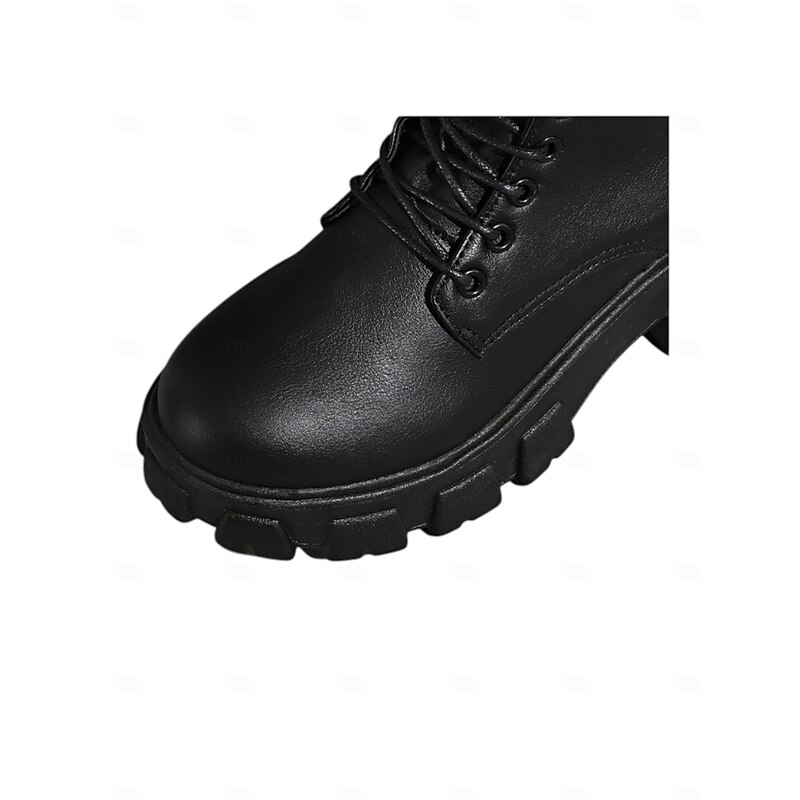 Women's Black Knee-High Lace-Up Combat Boots with Chunky Soles and Unique Embroidered Design, Stylish Urban Fashion Footwear4