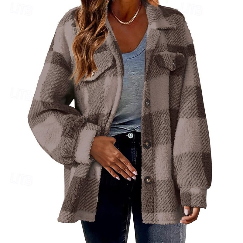 Women's Sherpa Jacket Casual Jacket Warm Comfortable Pocket Buttons Casual Plaid Holiday Going out Single Breasted Regular Turndown Regular Fit Long Sleeve Outerwear Blue Green Dark Gray Fall Winter4