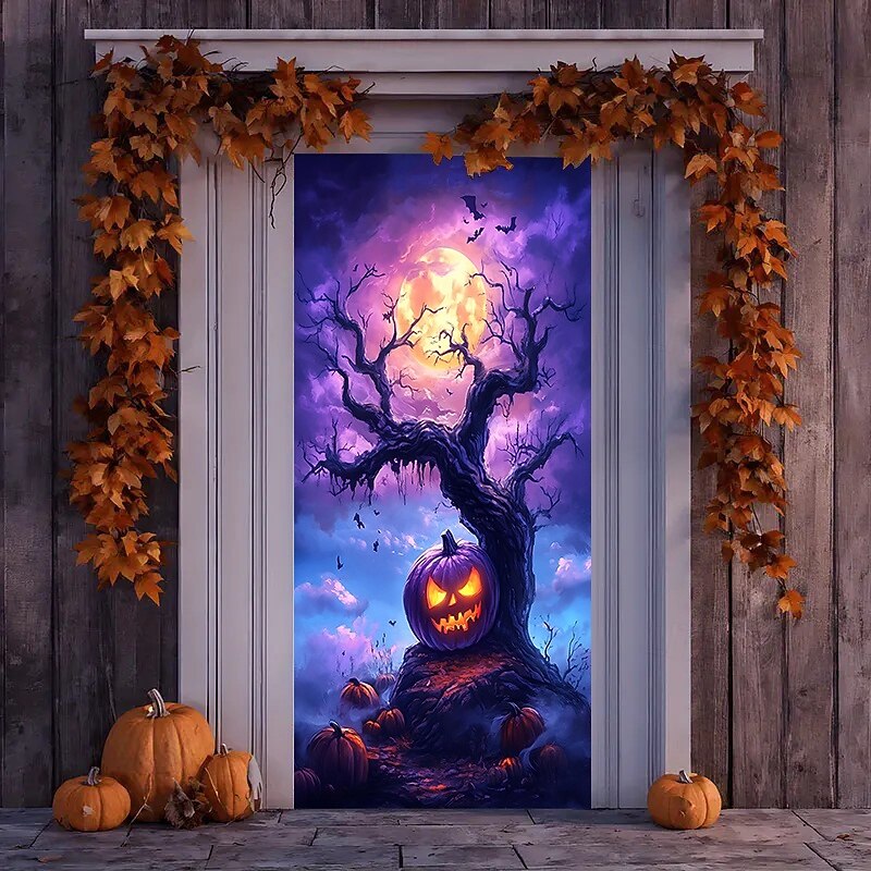 Halloween Witch Pumpkin Door Cover – Spooky Jack-O’-Lantern Doorway Curtain for Haunted House, Indoor Outdoor Halloween Party Decoratio2