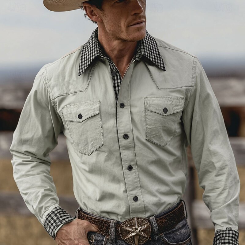 Men's Geometric Plaid Checkered Shirt Western Shirt Cowboy Shirt Long Sleeve Vintage Retro Outdoor Daily WorkWear Fall & Winter Turndown 3D Print Front Two Pockets Button Up Shirts Black Green Beige3