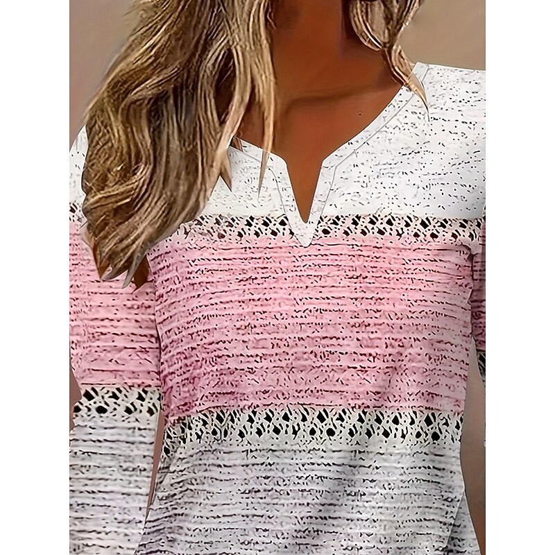 Women's T Shirt Graphic Striped Geometry Vintage Stylish Classic Long Sleeve V Neck Notched Neck Regular Tops Daily Weekend Print Dusty Rose Spring Fall Winter3