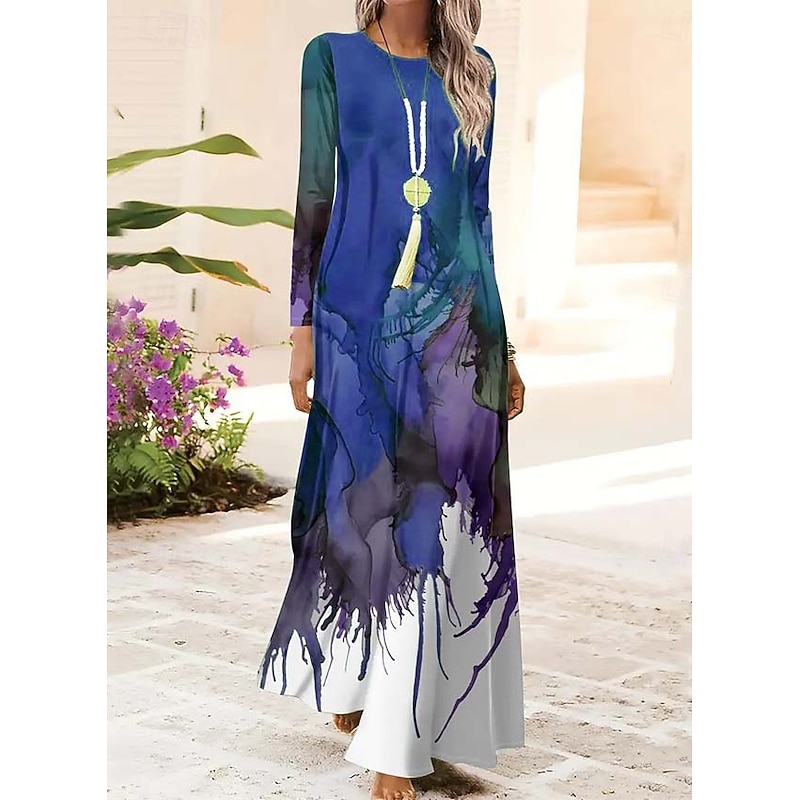 Women's Maxi Dress Shift Dress A Line Dress Party Casual Boho Daily Date Going out Regular Fit Ombre Graphic Tie Dye Long Sleeve Crew Neck Red Blue Orange Green Spring Fall Winter Autumn2