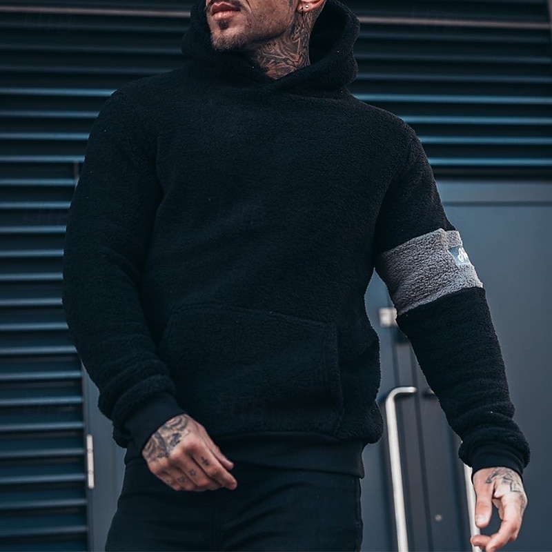 Men's Hoodie Fleece Hoodie Black Gray Hooded Plain Patchwork Sports & Outdoor Casual Daily Streetwear Cool Sportswear Winter Clothing Apparel Hoodies Sweatshirts2