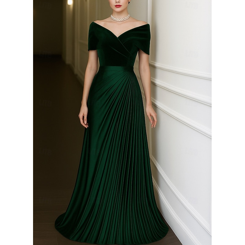 Green Black Velvet A-Line Evening Gown Elegant Dress Formal Wedding Floor Length Short Sleeve Off Shoulder Satin with Pleats 20254