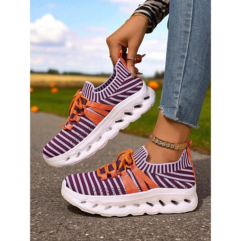 Women's Purple Striped Lace-Up Sneakers – Comfortable Flyknit Running Shoes with Cushion Sole for Gym, Jogging, Halloween and Outdoor Sports3