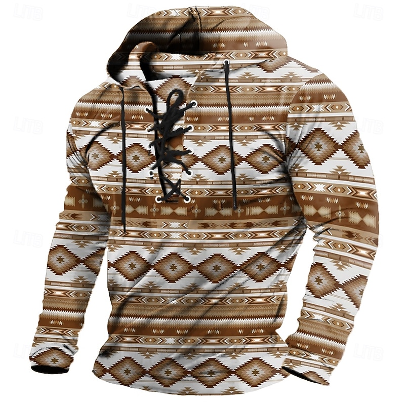 Men's Geometric Tribal Bandana Print Stylish Ethnic Long Sleeve Hooded Streetwear Yellow Blue Drawstring Fall Winter Designer3