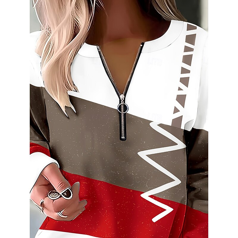 Women's Pullover Sweatshirt Zip Up Sweatshirts Graphic Geometric Fashion Casual Long Sleeve Crew Neck Regular Tops Street Dailywear Zipper Print Red Spring Fall Winter3