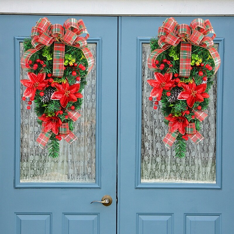Christmas Hanging Flower Tree Classic Red and Green Plaid Wreath Door Hanging Mall Hotel Holiday Decoration Perfect Festive Christmas Floral Ornament3