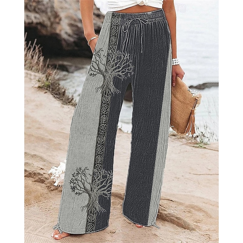 Women's Wide Leg Pants Trousers Palazzo Pants Fashion Boho Full Length High Waist Color Block Tree Drawstring Elastic Waist Print Breathability Comfortable Street Daily Wear Going out Gray Spring Fall