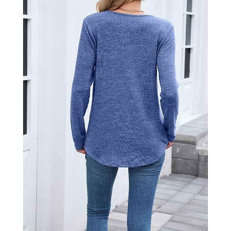 Women's Texture Blouse T Shirt Plain Casual Long Sleeve V Neck Regular Tops Daily Going out Black Wine Army Green Blue Brown Fall4