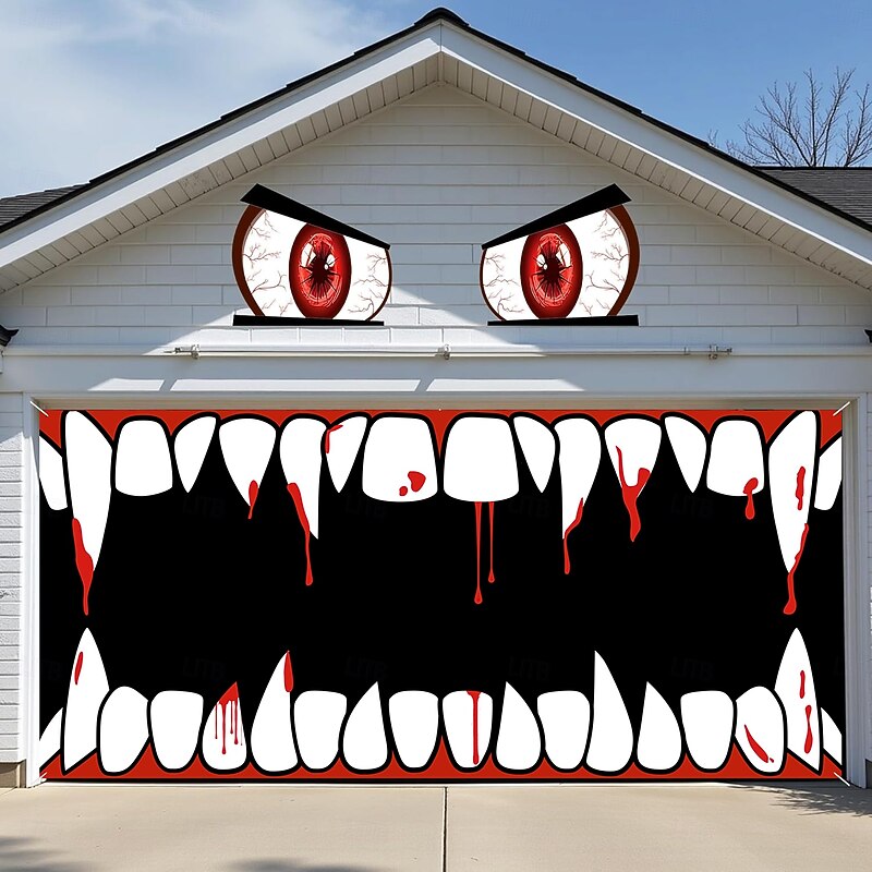 Halloween  Garage Door Cover 3D Archway  Spooky Vampire Teeth Banner Large Tapestry Backdrop Decoration for 2025 Halloween Holiday Outdoor Wall Decorations Zombie Containment Unit Garage Door4