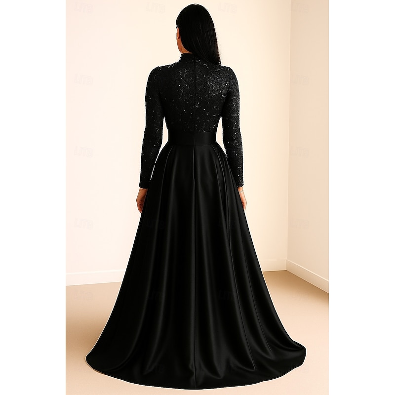 Black Sequined A-Line Evening Gown Elegant Dress Carnival Formal Floor Length Long Sleeve Illusion Neck Detachable Satin with Glitter 20253