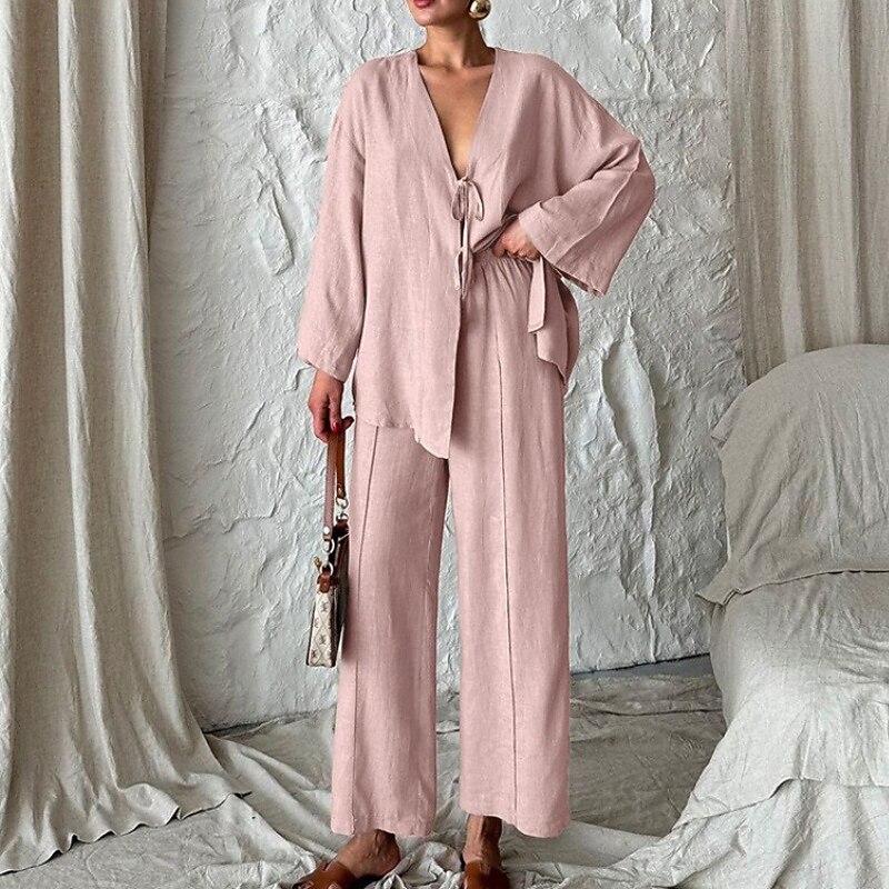 Women's Active Blouse Pants Sets Long Sleeve V Neck Solid Color Daily Wear Casual Daily Pink Khaki Fall Regular Fit3