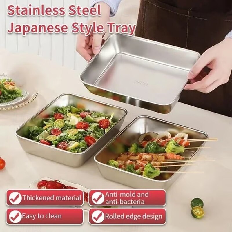 3/5pcs Stainless Steel Square Plate with Lid, Food-Grade Airtight Storage Container, Refrigerator Fruit Box, Kitchen Food Storage Box3