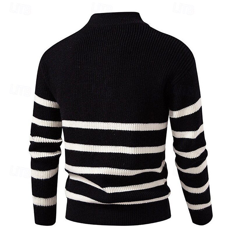 Men's Pullover Sweater Jumper Quarter Zip Sweaters Knit Sweater Ribbed Knit Regular Tops Knitted Stripes Half Zip Fashion Casual Vacation Daily Wear Clothing Apparel Winter Black Blue S M L4