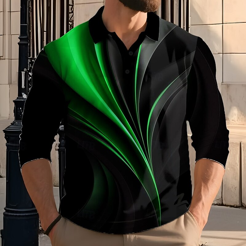 Men's Geometic Line Polo Long Sleeve Polo Shirts Lapel Casual Athleisure Daily Wear 3D Print Buttons Spring Fall Winter Red Blue Green2