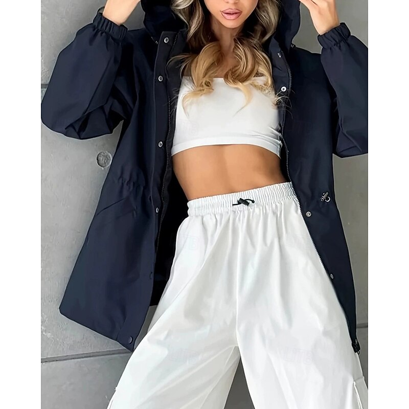 Women's Trench Coat Waterproof Rain Jackets Rain Coats Waterproof Windproof Zipper Pocket Fashion Outdoor Plain Going out Weekend Zipper Regular Hooded Regular Fit Long Sleeve Outerwear Black Red3